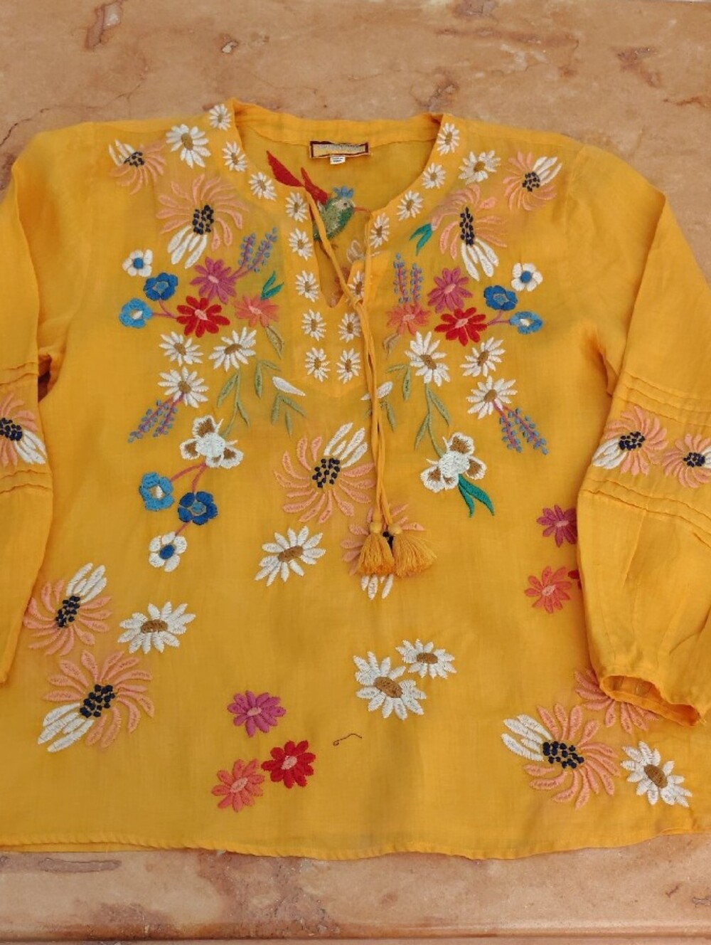 Mustard Yellow Embroidered Floral Pullover with Tassels - Picture 4 of 5